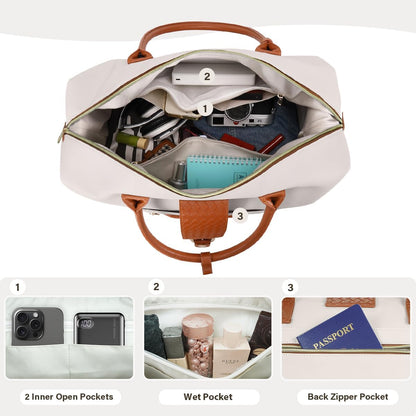 Leather Weekender Bags for Women, Travel Duffel Bag PU Overnight Bag Carry On Tote Bag with Shoe Compartment Wet Pocket