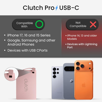 Clutch - Pro USB-C Portable Charger - Compatible with iPhone 15, 16, 17 & Android Devices - Power Bank Magnetic Battery - TSA Travel Approved - USB Rechargeable - Built-in Cable - 5000 mAh - 3.7oz