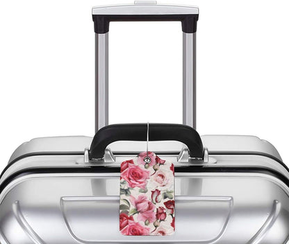 2PC Red Rose Flower Luggage Tag with Privacy Cover Id Card Stainless Steel Loop, Pink Floral Travel Baggage Identifiers Tags Luggage for Women Men Suitcase Name Labl