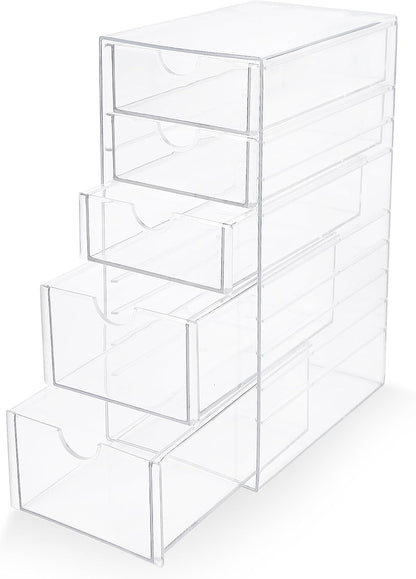 Prsildan Acrylic Drawer Makeup Organizer with 5 Drawers, Hair Accessories Organizer, Office Desk Organization, Clear Stackable Storage Drawers for Vanity, Countertop, Craft, Jewelry