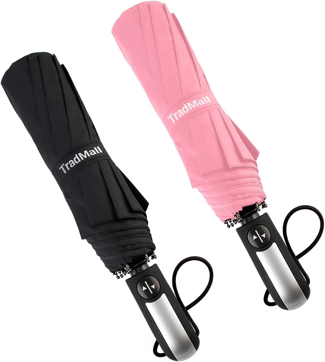 TradMall 2 Pack Travel Umbrella Windproof 46/56 Inches Large Canopy Reinforced Fiberglass Ribs Auto Open & Close