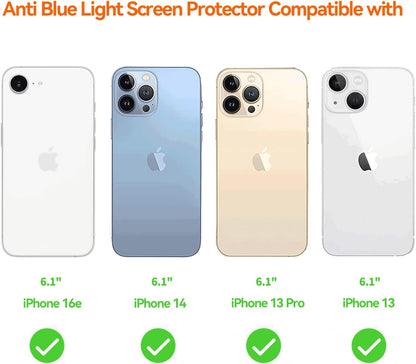 Anti Blue Light Screen Protector for iPhone 16e iPhone 14 iPhone 13 iPhone13pro [3 Pack] 6.1" 9H+ Anti Blue Light Tempered Glass, Anti-Scratch, Case Friendly