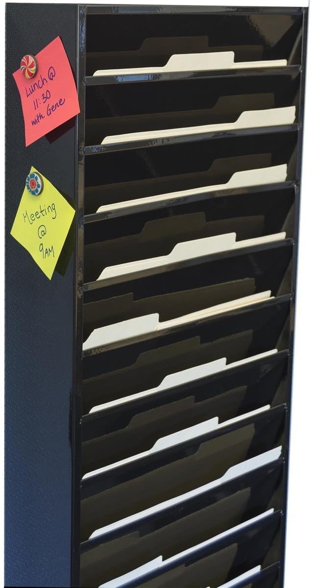 Displays2go File Folder Wall Rack with 11 Tiered Pockets, Shows Only The Top Portion of a File Folder, Office Filing Rack for Wall Mount - Black Powder-Coated Steel
