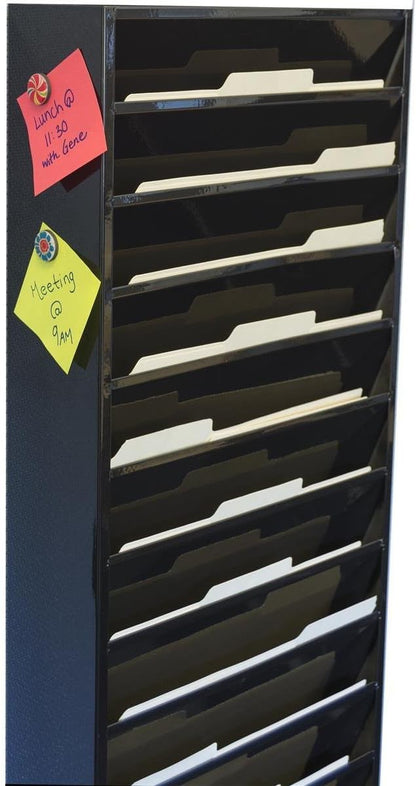 Displays2go File Folder Wall Rack with 11 Tiered Pockets, Shows Only The Top Portion of a File Folder, Office Filing Rack for Wall Mount - Black Powder-Coated Steel