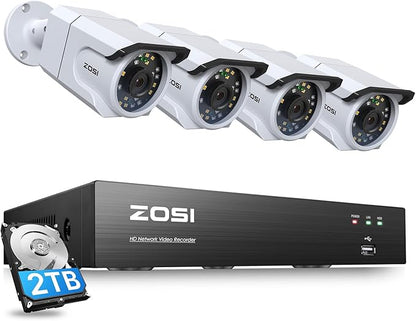 ZOSI 8CH 4K PoE Security Camera System with Audio, 4pcs 8MP Outdoor Indoor PoE Cameras, Color Night Vision, Human Detection, Spotlight Siren, 4K 8Channel CCTV NVR with 2TB HDD for Home 24/7 Recording