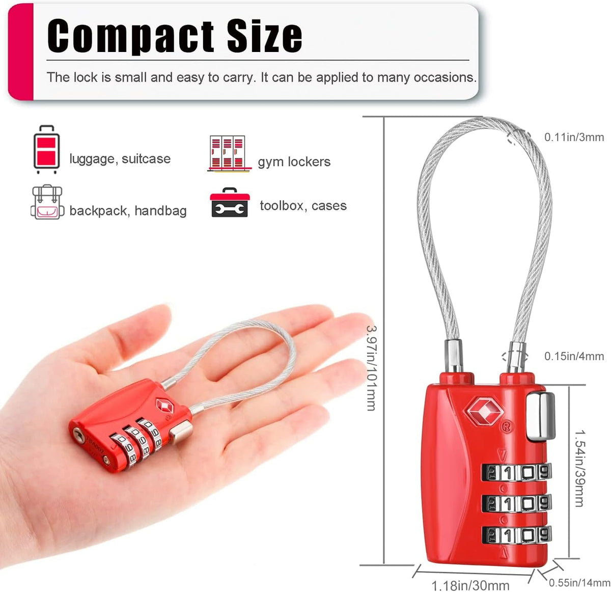 ZHEGE Luggage Lock TSA Approved 3 Dight Combination Padlock for Suitcase, Baggage, Backpack, Pistol Case (Red)