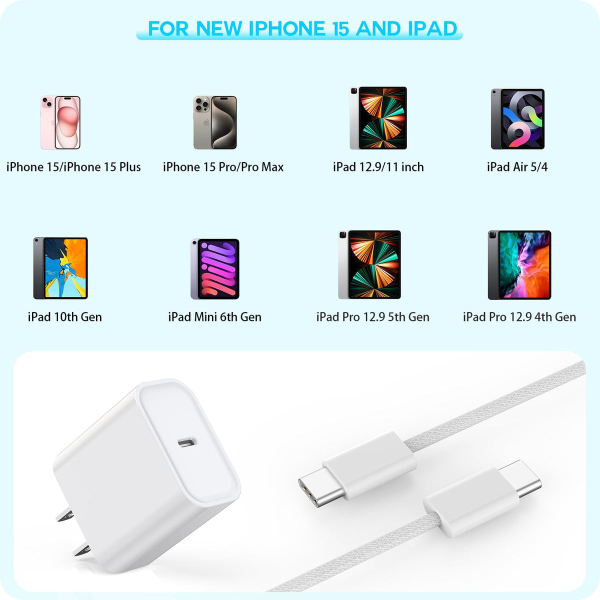 10FT Woven Cable for Apple 16 15, 60W 10Foot USB C to Type C Braided Charger Cable Cord & 20W USB C Charger Block Cube Travel Plug Super Quick Charging for iPhone 16 15/16 15 Plus/Pro/Pro Max,iPad Pro