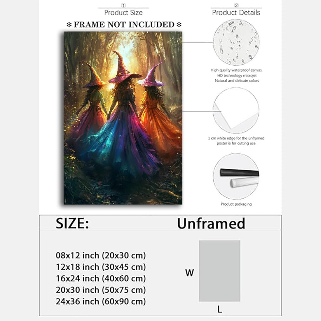 Halloween Room Decor Wall Art Colorful Witch Prints,Vintage Three Colorful Witches in Forest Halloween Posters,Fall Fantasy Aesthetic Pictures Playful Art Wall Decor for Bedroom,24"x36" Unframed