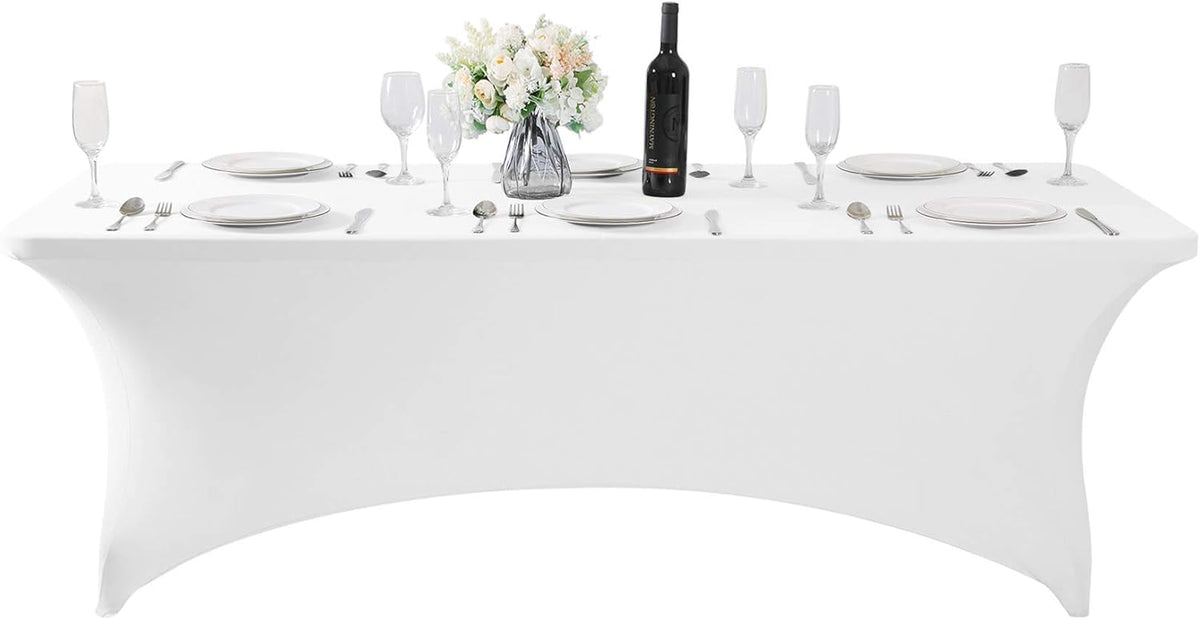 SuperO 2Pack Waterproof Spandex Table Cover for 8FT Table Universal Fitted Stretch Tablecloth for Party, Banquet, Wedding and Events-White