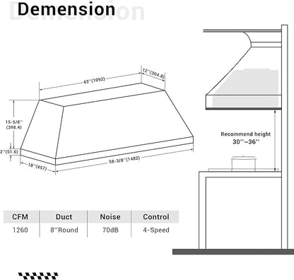 CHETTO C Stainless Steel Range Hood Cover with 4-Speed Vent Hood Insert Custom Handcrafted Metal Kitchen Fan with Towel Rack LED Light 60"W x21"D x21"H White Wall Mount