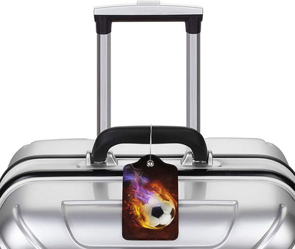 2 Pack Soccer Luggage Tag for Suitcases for Travel, Sports-Themed Backpack Bag Case Tags for Teen Boys Men Cool Flame PU Leather Baggage Tag with ID Label Privacy Flap Cover