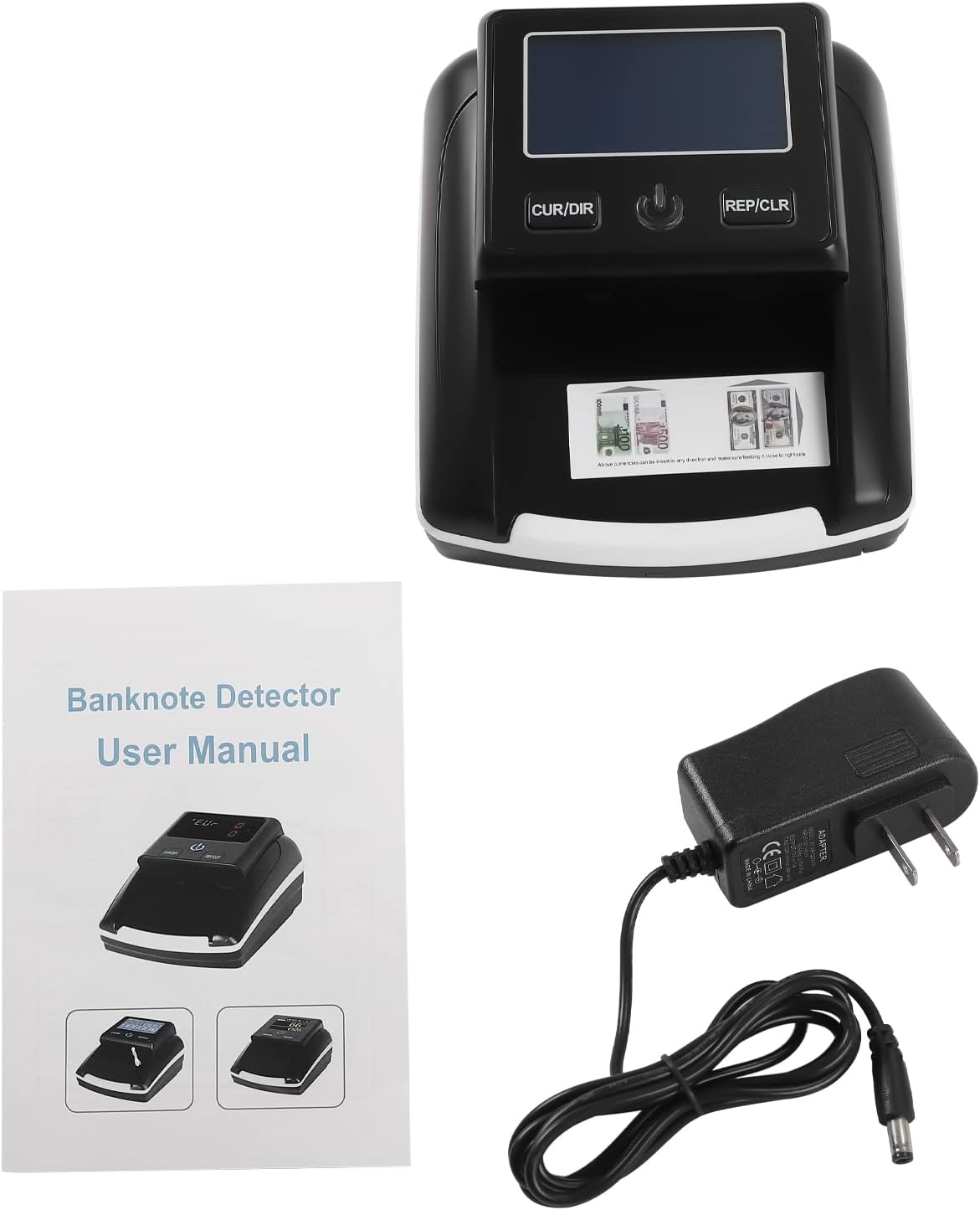 Portable Counterfeit Bill Money Detector Machine Modern Rechargeable Any Way Direction USD & EUR Counterfeit Bill Detector with Display Counterfeit Money Detector for Office Home Store, Black