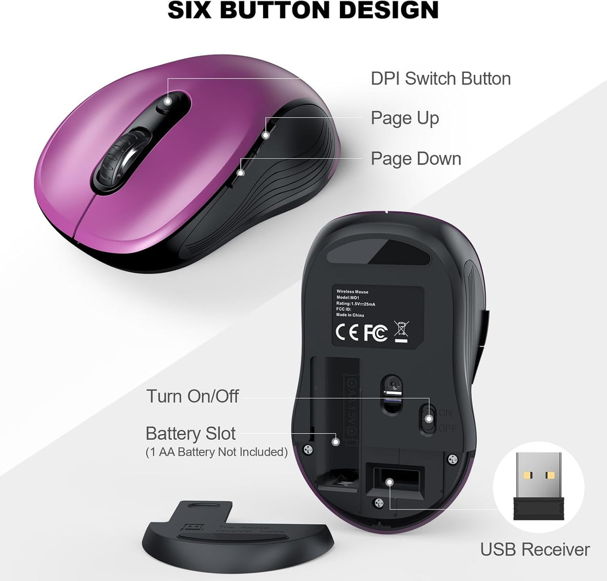 WisFox 2.4G Wireless Mouse for Laptop, Ergonomic Computer Mouse with USB Receiver and Type-C Adapter, 3 Adjustable Levels, 6 Button Cordless Wireless Mice for Windows Mac PC Notebook (Purple)