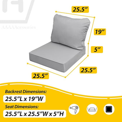 AAAAAcessories Outdoor Deep Seat Cushions, Waterproof, Fade-Resistant Patio Furniture Replacement Cushions, 25.5" x 25.5" x 5" + 25.5" x 19", Set of 4, Gray
