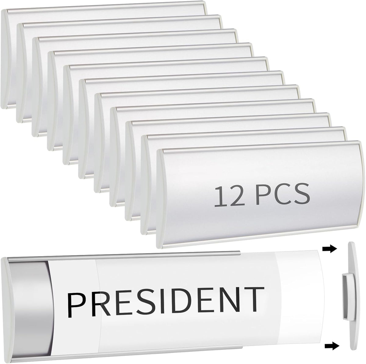 Therwen 12 Pcs Aluminum Office Name Plate Holder for Door Wall Mount 8'' x 3'' Business Sign Holder Office Door Sign Sturdy Curved with Plastic Film and Adhesive Tape (Silver)