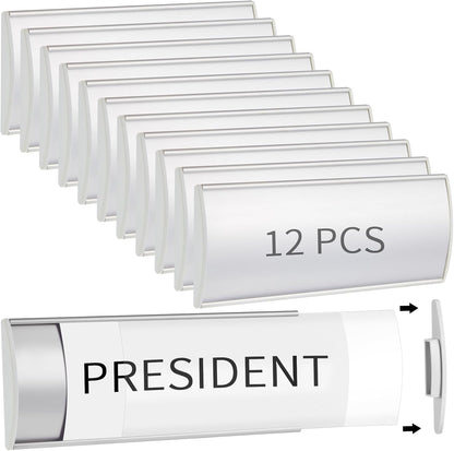 Therwen 12 Pcs Aluminum Office Name Plate Holder for Door Wall Mount 8'' x 3'' Business Sign Holder Office Door Sign Sturdy Curved with Plastic Film and Adhesive Tape (Silver)