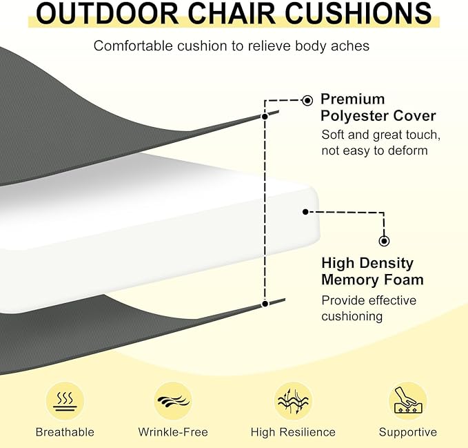 downluxe Outdoor Chair Cushions Set of 6 for Patio Furniture, Water-Resistant Square Corner Patio Chair Cushions with Ties, High Density Foam Outdoor Seat Cushion, 18.5" X 16" X 3", Slate Grey