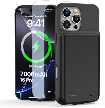 Battery Case for iPhone 16 Pro (6.3 inch),Charging Case Charger Ultra-Slim 7000mAh Rechargeable Portable Extended Charger Case Cover w/Tempered-Glass Protector - Black