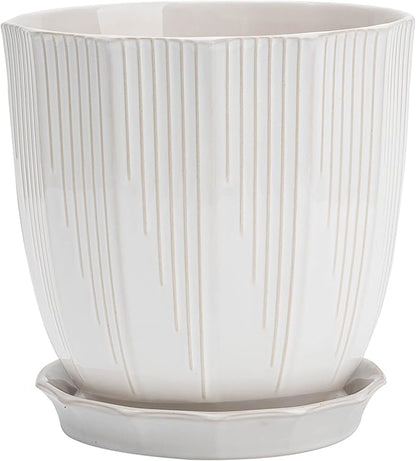 ADN Ceramic Planter - Large Plant Pot Indoor Ceramic Pots for Plants with Drainage Hole and Saucer for Home Decor, White, 8 Inch