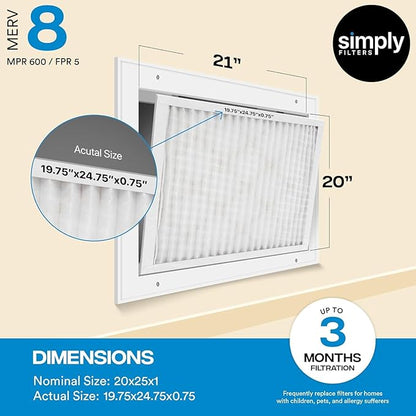 Simply 20x25x1 Air Filter, Merv 8, 6 Pack, For Home AC Furnace & HVAC (Actual Size: 19.75"x24.75"x0.75") DUST, Pet, & Allergy Control