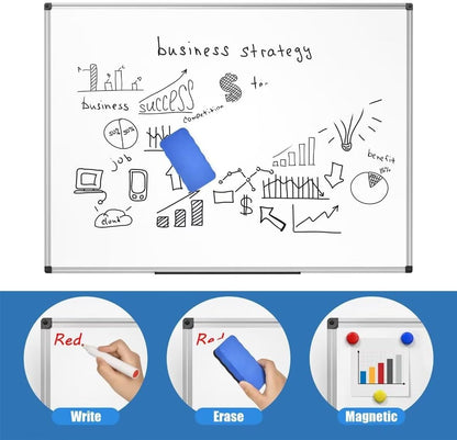 Magnetic Dry Erase Whiteboard 48 x 36 Inch - 4 x 3 Large White Board, Silver Aluminum Frame Wall-Mounted, Magnetic Eraser, 2 Pen, Detachable Marker Tray, 6 Magnets for Office, School