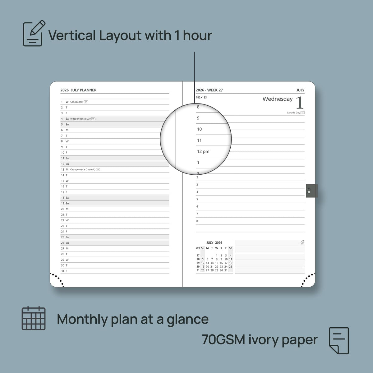 POPRUN 2026 Daily Planner One Page Per Day A6 Size Calendar (4.25" x 6.25") - 12 Months Hourly Appointment Book with Hardcover, Monthly Tabs, Pocket, Pen Holder - Light Pink