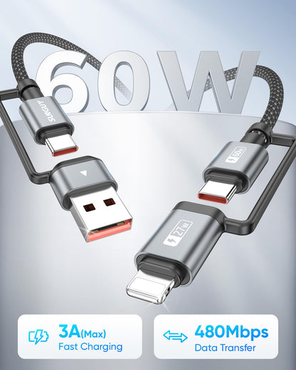 SUNGUY 4 in 1 Charging Cable 2FT [2 Pack], 60W Multi Charging Cable, USB-C/A to Lighting/C Cord for iPhone 16/15/14 Pro/iPad/MacBook/Samsung Galaxy S25/S24/Tablets