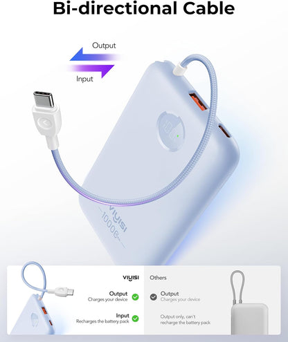 Slim Portable Charger 10000mAh, Travel Power Bank with Built-in USB-C Cable & LED Display, 22.5W Fast Charging Battery Pack Compatible with iPhone 16 15 Samsung S24 S23 -Blue