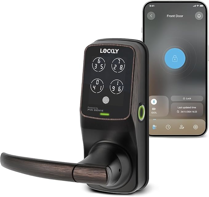 Lockly Secure Plus Bluetooth Smart Door Lock, Keyless Entry with PIN Genie® Digital Keypad, 3D Biometric Fingerprint Sensor Front Door Lock with Handle, Voice Control & Auto Lock - Latch Edition