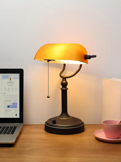 Newrays Matted Amber Glass Bankers Desk Lamp, Stepless Dimmable Table Lamp Plug