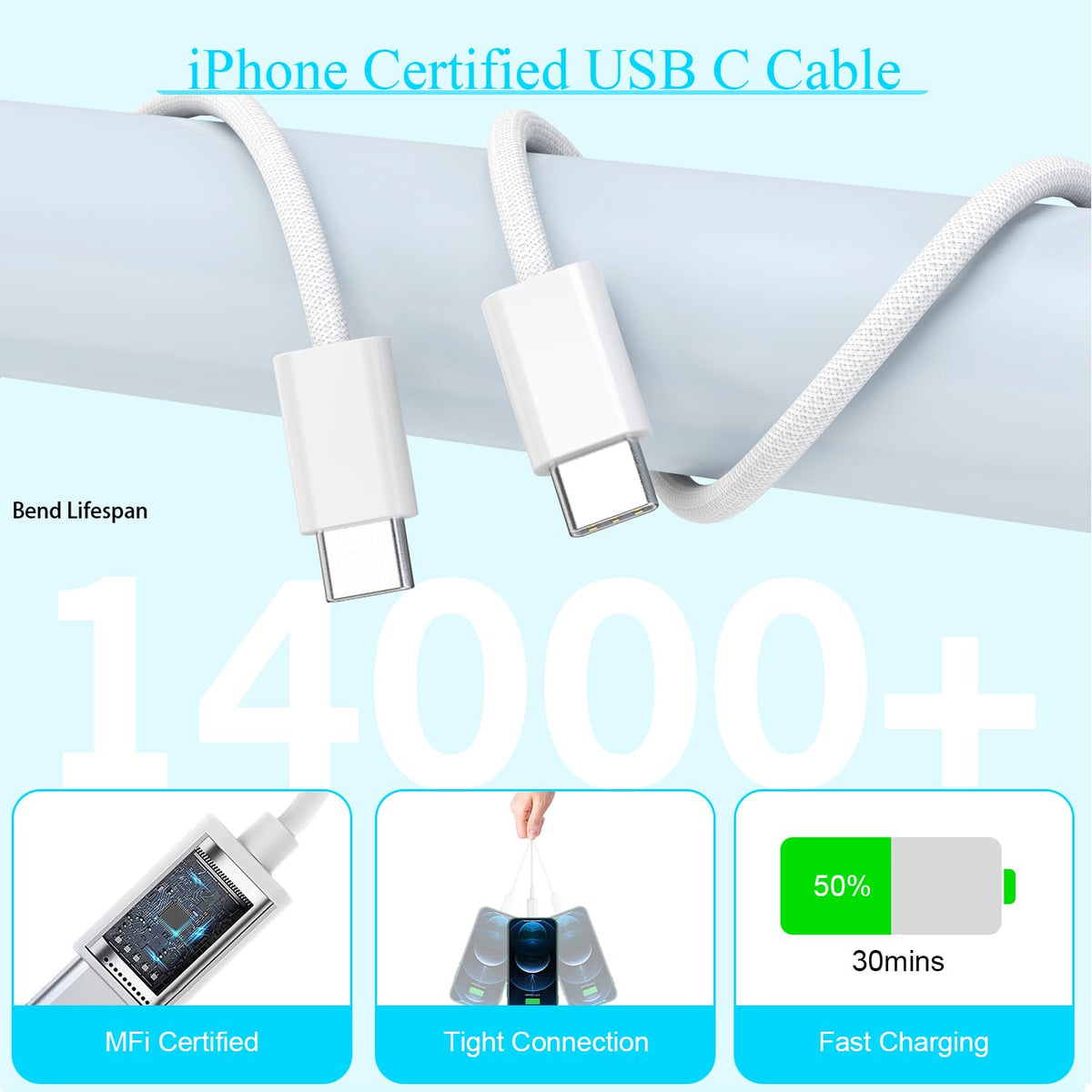 10FT Woven Cable for Apple 16 15, 60W 10Foot USB C to Type C Braided Charger Cable Cord & 20W USB C Charger Block Cube Travel Plug Super Quick Charging for iPhone 16 15/16 15 Plus/Pro/Pro Max,iPad Pro