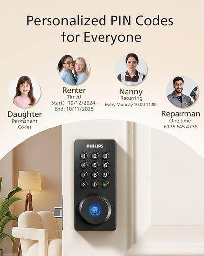Philips Wi-Fi Door Lock, WiFi Smart Lock Keyless Entry Deadbolt for Front Door, Compatible with Alexa & Google Assistant, Remote Control, Built-in WiFi, APP Fingerprint Passcode Unlock, Auto Locking