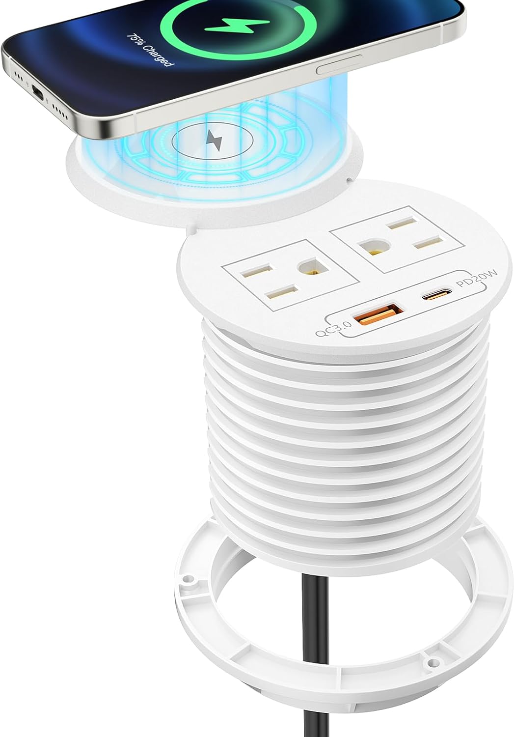 PD 20W USB C Desk Power Grommet with 15W Wireless Charger Cover, Recessed Power Strip with 18W USB A and 2 AC Outlets,Hidden Power Outlets with 6FT Cords for Office, Home, Conference(White)