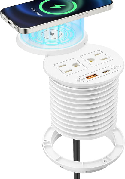 PD 20W USB C Desk Power Grommet with 15W Wireless Charger Cover, Recessed Power Strip with 18W USB A and 2 AC Outlets,Hidden Power Outlets with 6FT Cords for Office, Home, Conference(White)