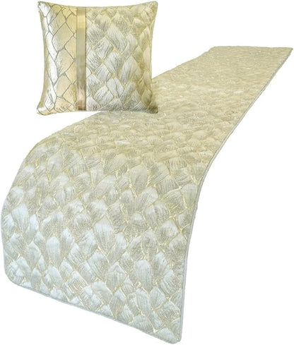 The HomeCentric King/Queen/Twin Ivory & Gold Designer Full 68"x18" Bed Runner Without Pillow Cover, Patchwork, Quilted, Jacquard Foil Bed Scarf on Jacquard Fabric - Spinzar
