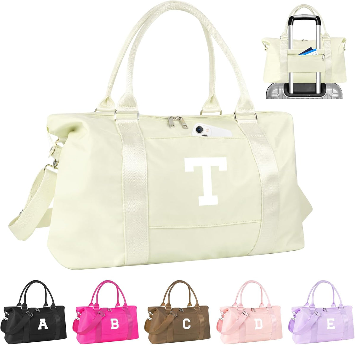 Initial Travel Duffel Bag Sports Gym Bag for Kids Teen Birthday Gifts,Beige Personalized Weekender Bag Carry On Dance Bags for Women Men,Waterproof Monogram Overnight Bag with Trolley Sleeve(Letter T)