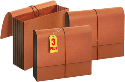 1InTheOffice Expanding File Folder with Flap and Cord Closure, 5-1/4" Expansion, Letter Size, Wallet Redrope, 3 Pack