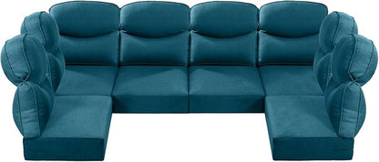 Luxury 24x24x6 Outdoor Seat Cushions for 6-Seat Sectional Sofa Set of 6 - Water-Repellent 14-Piece Patio Cushion Set for Outside Wicker Loveseat Chair L-Shape Couch - Peacock Blue/Smile