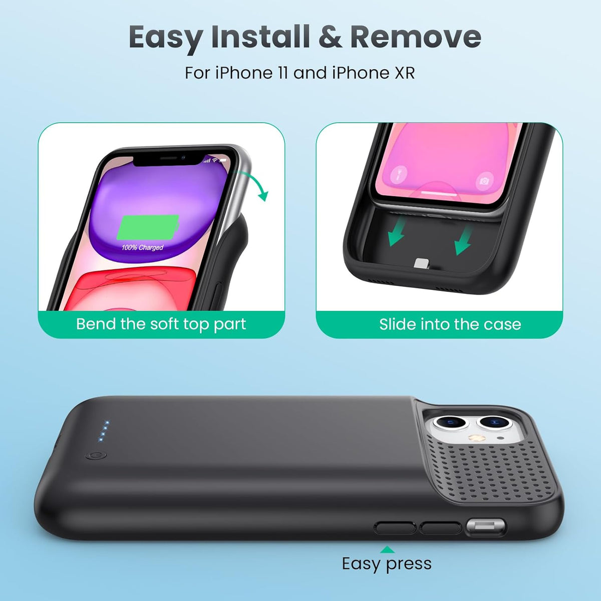 Battery Case for iPhone 11/XR (6.1inch),Upgraded 7500mAh Slim Portable Charger Case Cover,External Battery Pack Charging Case with Tempered-Glass Screen Protector for iPhone 11/iPhone XR (Black)