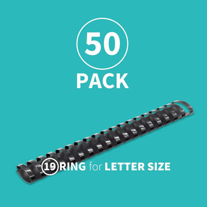 Binditek 50 Pack Plastic Binding Comb Spines, 1-1/4 Inch Diameter, 265 Sheet Capacity, 19 Ring, for Letter Size, Black, for Students and Coworkers