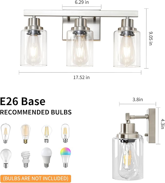 DIKAIDA 3-Light Bathroom Light Fixtures, Nickel Bathroom Vanity Light
