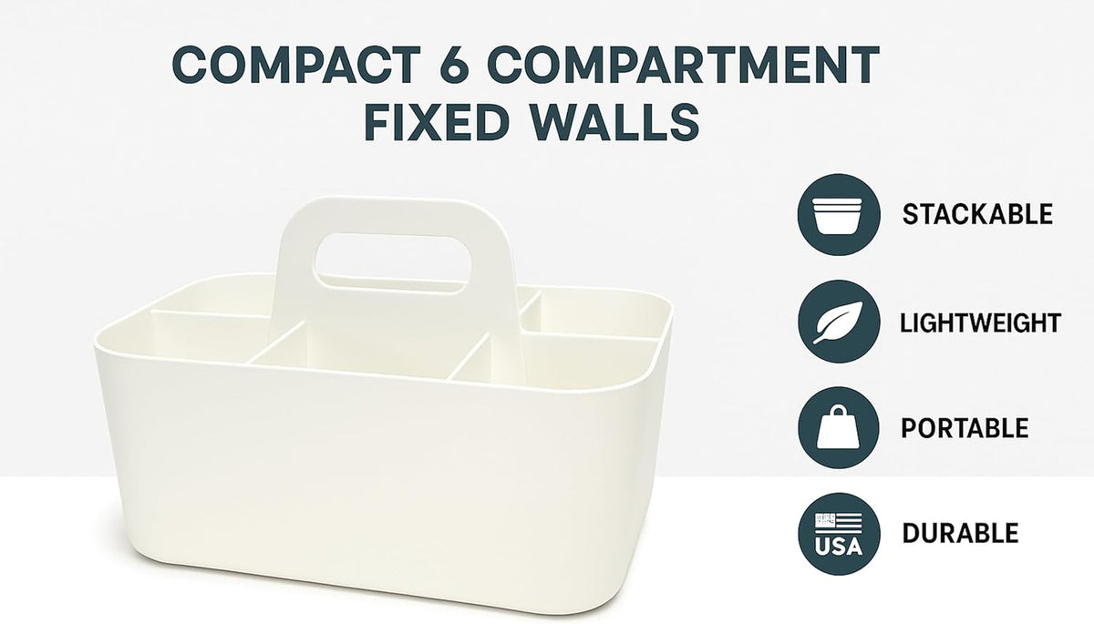 Small Stackable Plastic Caddy with Handle 6 Compartment | Desk, Makeup, Dorm Caddy, Classroom Art Organizers - 4 Pack, Made In USA (Mint/Ivory/Black/Gray)