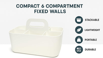 Small Stackable Plastic Caddy with Handle 6 Compartment | Desk, Makeup, Dorm Caddy, Classroom Art Organizers - 4 Pack, Made In USA (Mint/Ivory/Black/Gray)