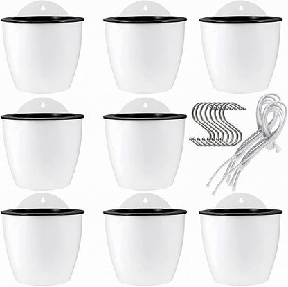 JAPCHET 8 Pack 7 Inch Self Watering Hanging Planters, Wall Hanging Plastic Planter Pot with 8 Hooks, Lazy Flower Pots for Indoor Outdoor Window Wall Plants, White