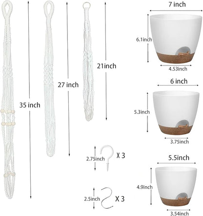 Hanging Planters with Macrame Plant Hangers for Indoor Outdoor Plants, 3 Set Hanging Baskets Flower Pots Holders 35''/27''/21'', Self-Watering Pots 7''/6''/5.5'', Boho Home Decor, White