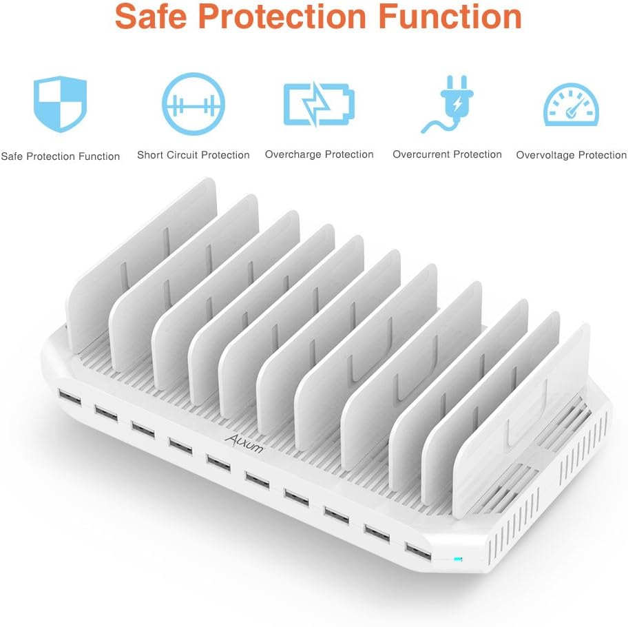 Alxum iPad Charging Station, 96W 10 Port USB Charging Station for Tablet and More Multi Devices Organizer with Detachable Dividers, White