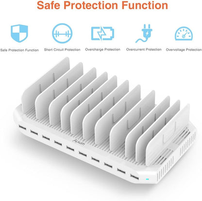 Alxum iPad Charging Station, 96W 10 Port USB Charging Station for Tablet and More Multi Devices Organizer with Detachable Dividers, White