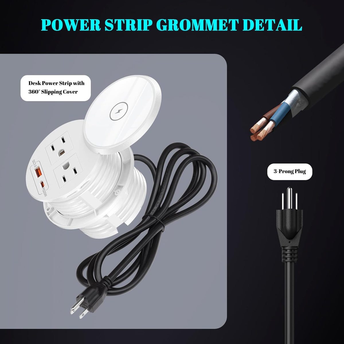 PD 20W USB C Desk Power Grommet with 15W Wireless Charger Cover, Recessed Power Strip with 18W USB A and 2 AC Outlets,Hidden Power Outlets with 6FT Cords for Office, Home, Conference(White)