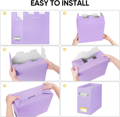 BALEINE File Organizer Box, Cardboard File Folder Organizer with Handle for Letter Size, Portable Collapsible Hanging Filing Box for Home Office Document Storage (2 Pack, Lavender)