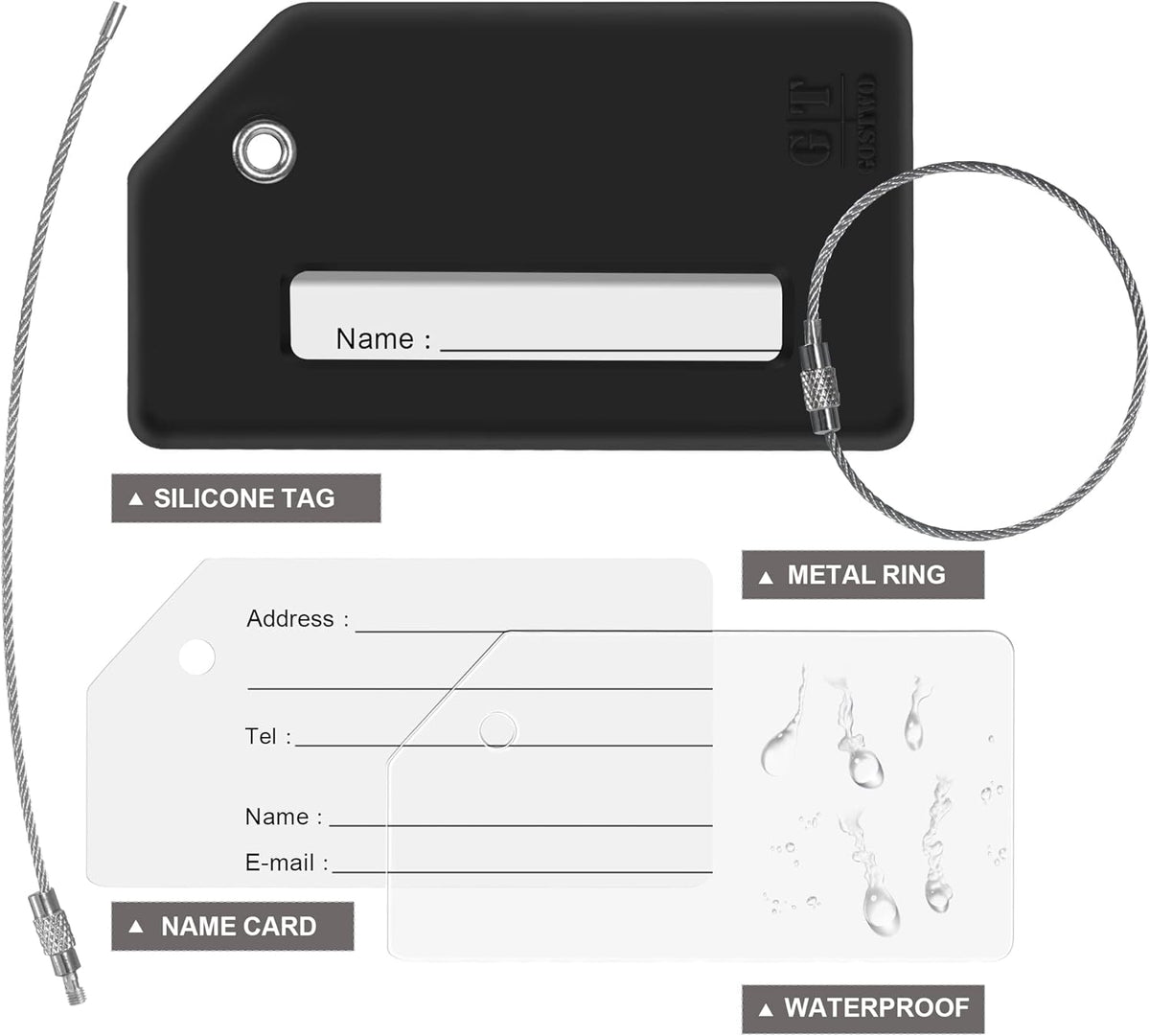 Gostwo 2 Pack Silicone Luggage Tags for Suitcases, 26 Initial Letter Baggage Labels Handbag School Bag Suitcase Instrument Tag with Stainless Steel Loop(Black)(Letter M)